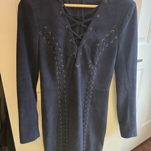 INTERMIX Navy Lace-Up Suede Long Sleeve Dress